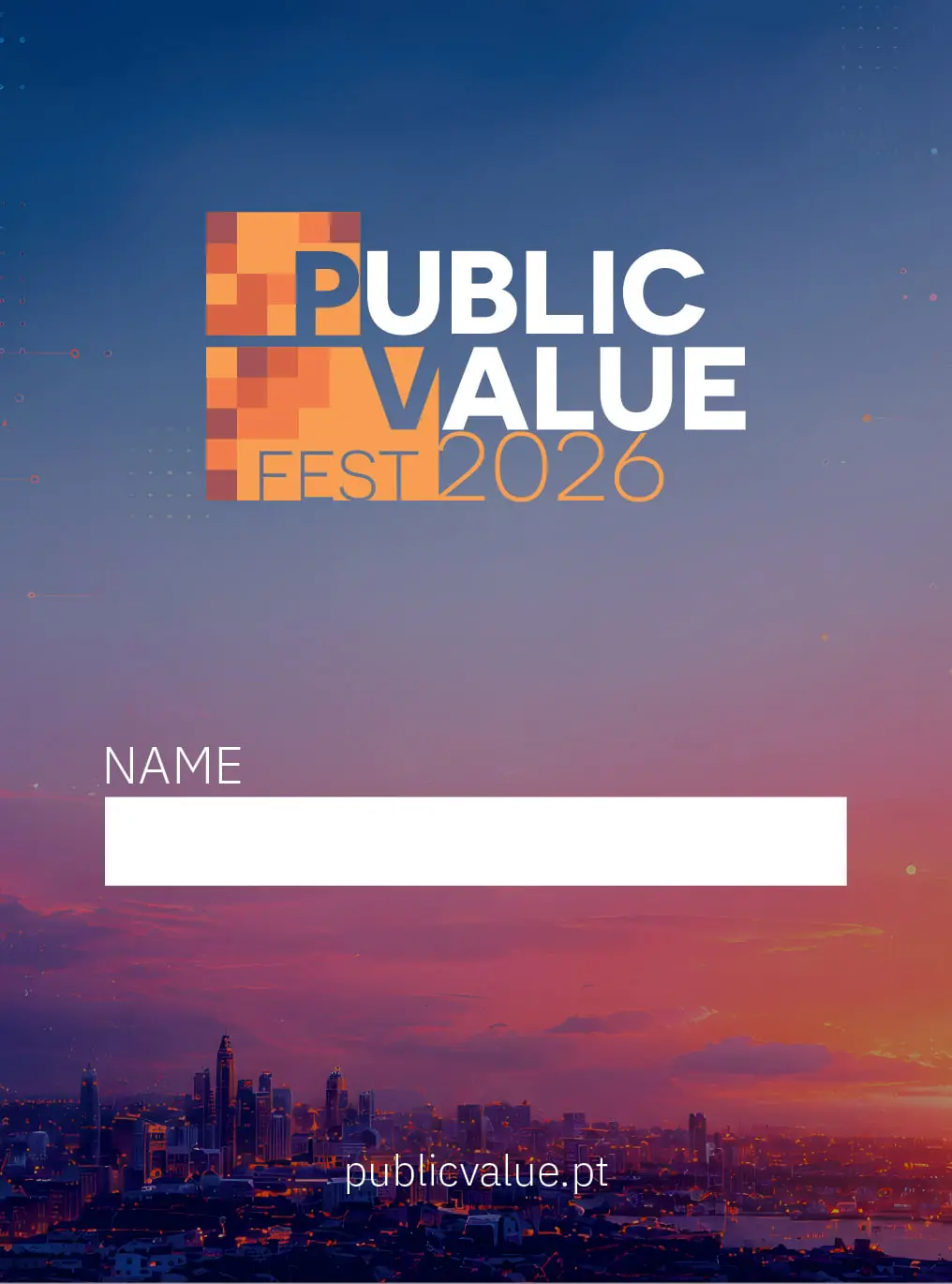 Credencial de participante do Public Value Fest, com o tema AI for the People e o campo para o nome.